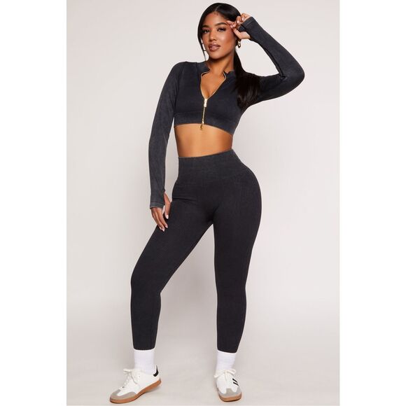Daisy Women's Black 2 Piece Set Stretchy Ribbed Crop Jacket XXL Legging Size XL - Picture 1 of 10